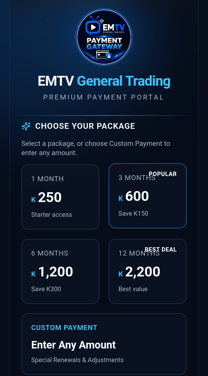 EMTV Payment Portal package selection
